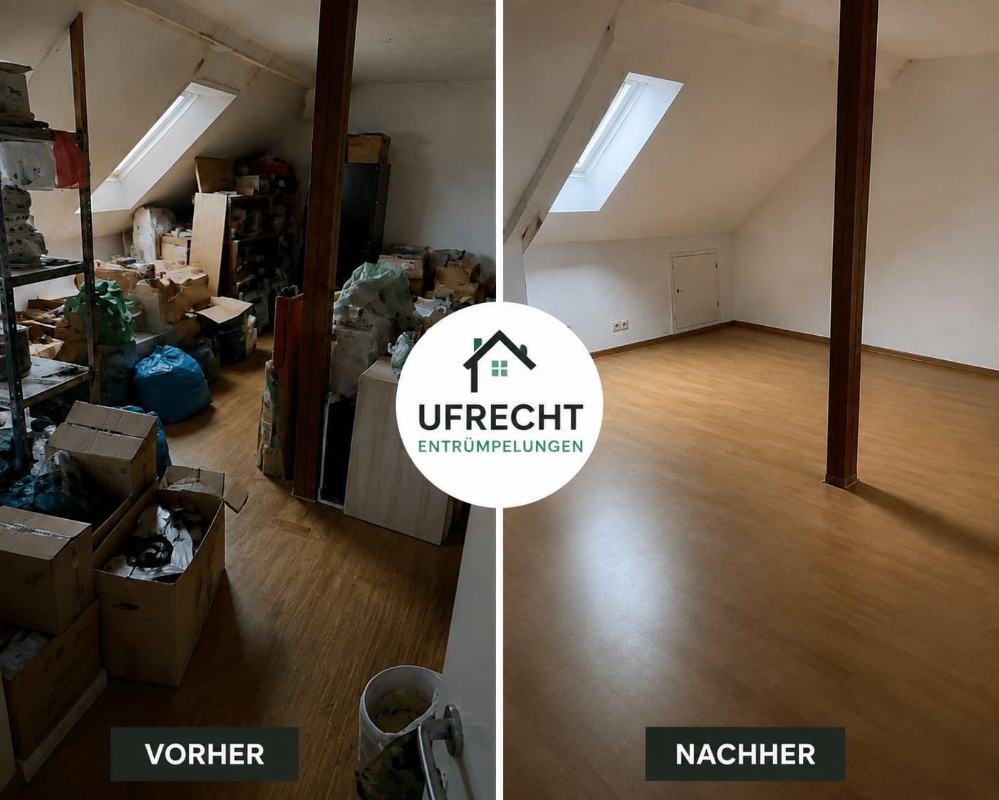 Vorher-Nachher-Vergleich eines entrümpelten Dachbodenzimmers