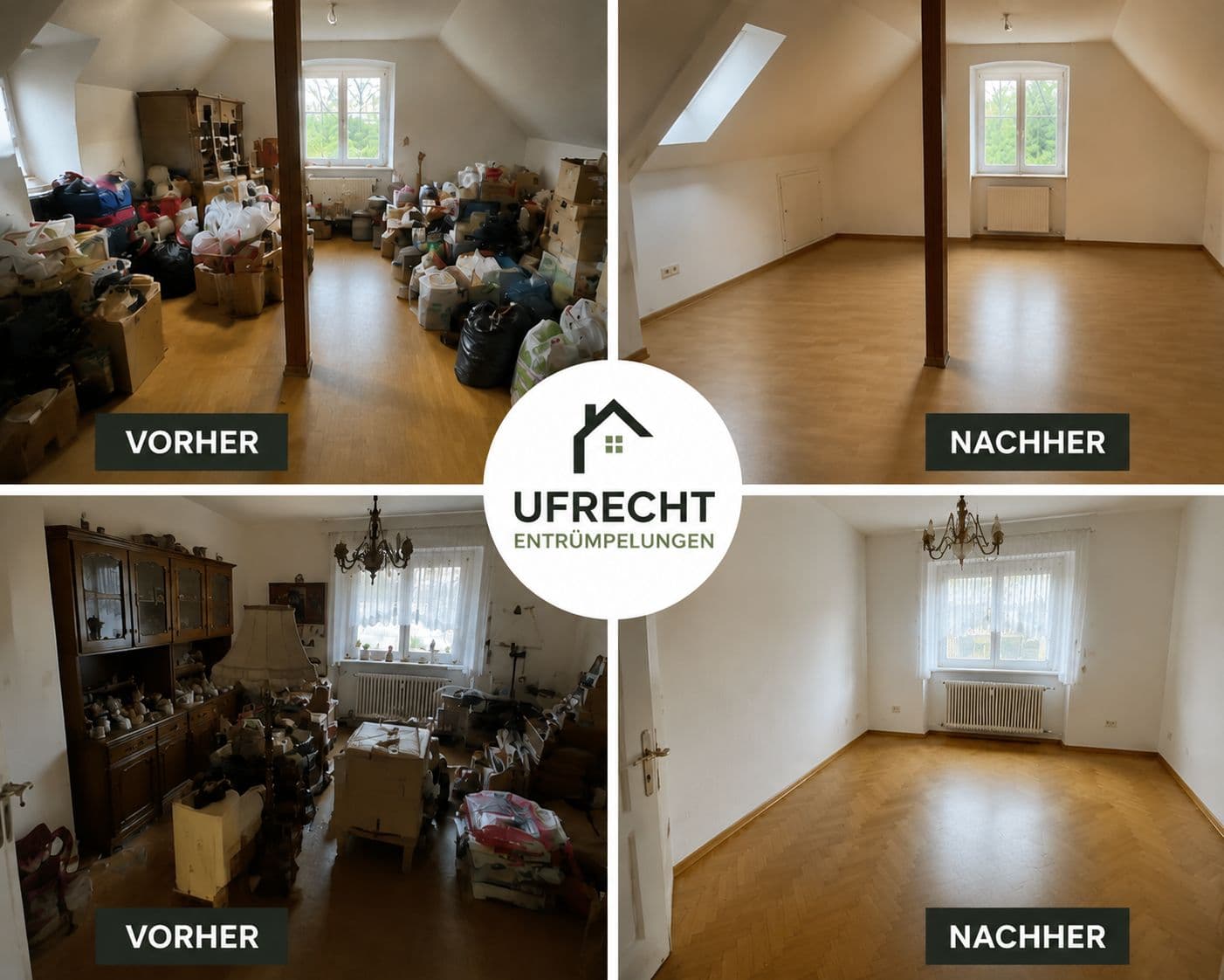Vorher-Nachher-Vergleich mehrerer entrümpelter Räume